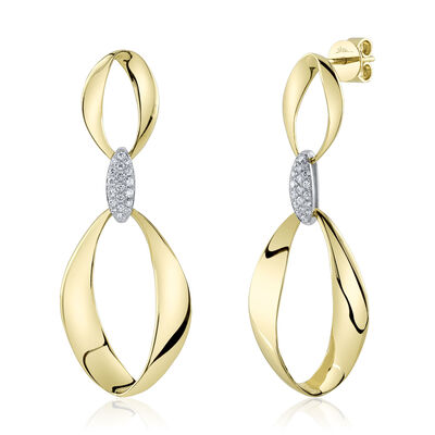 Shy Creation .20ctw. Diamond Oval Double Link Earrings in 14k Yellow Gold